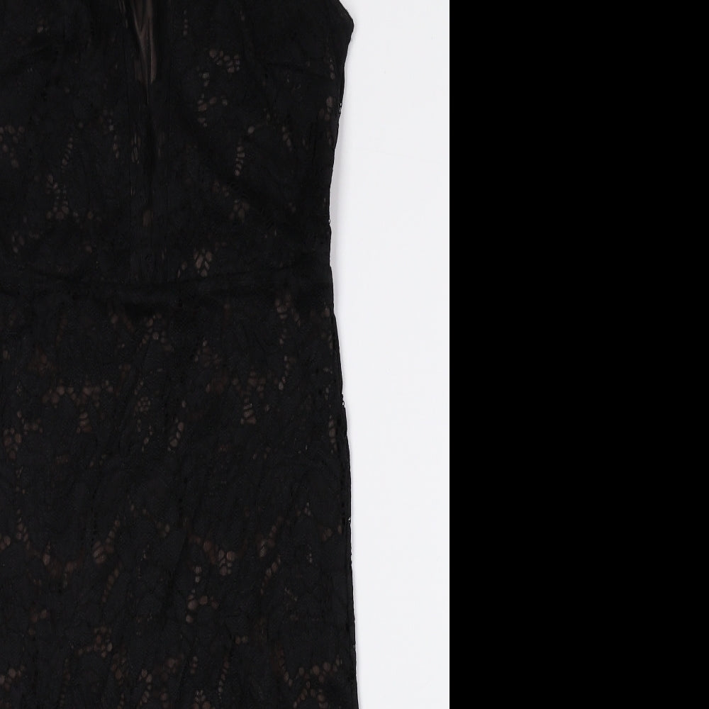New Look Womens Black Nylon Tank Dress Size 8 Halter Button - Lace Detail