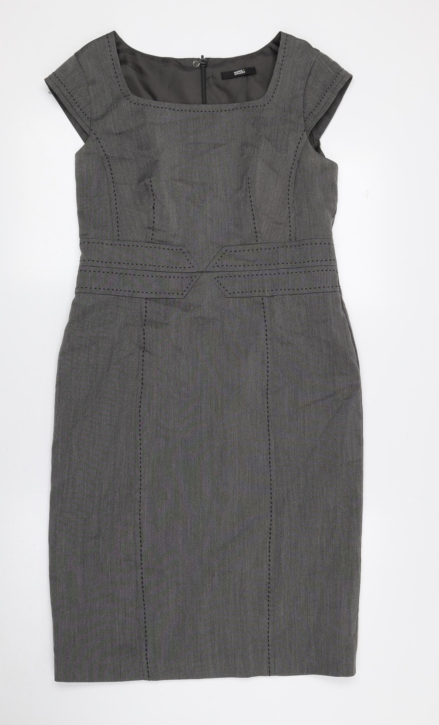 Marks and Spencer Womens Grey Polyester Pencil Dress Size 12 Square Neck Zip - Slit