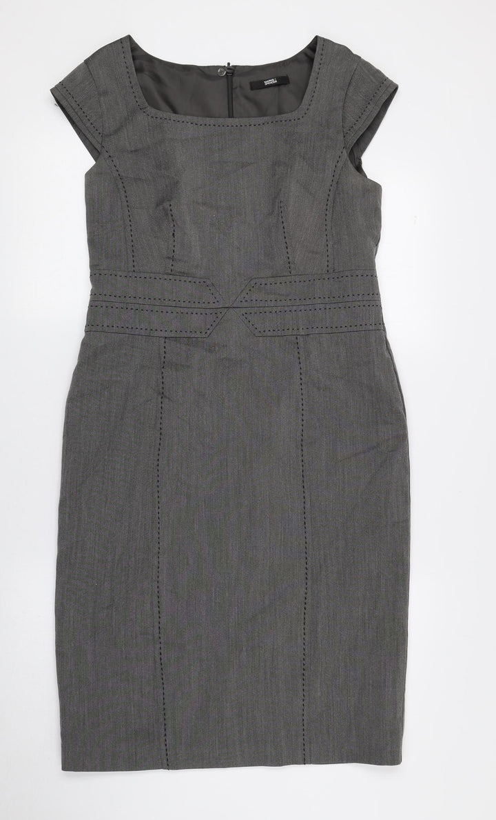 Marks and Spencer Womens Grey Polyester Pencil Dress Size 12 Square Neck Zip - Slit