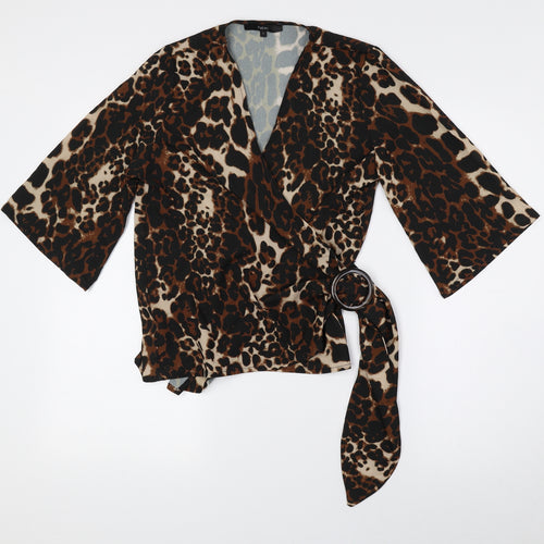 NEXT Womens Brown Animal Print Polyester Basic Blouse Size 8 V-Neck