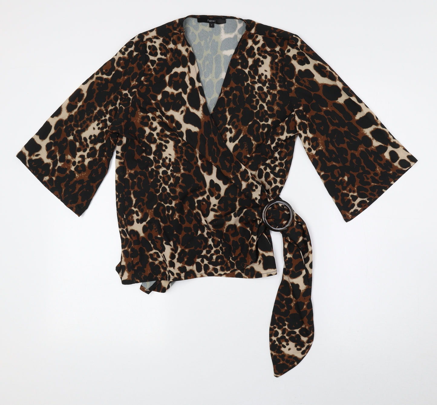 NEXT Womens Brown Animal Print Polyester Basic Blouse Size 8 V-Neck
