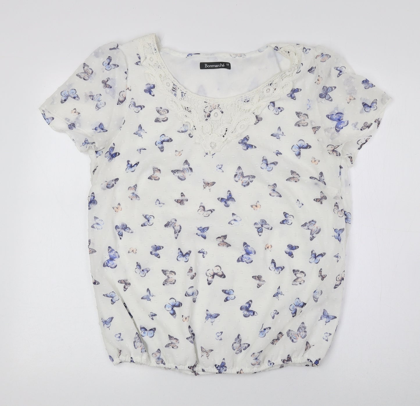 Bonmarché Womens White Geometric Polyester Basic Blouse Size 12 Round Neck - Butterfly