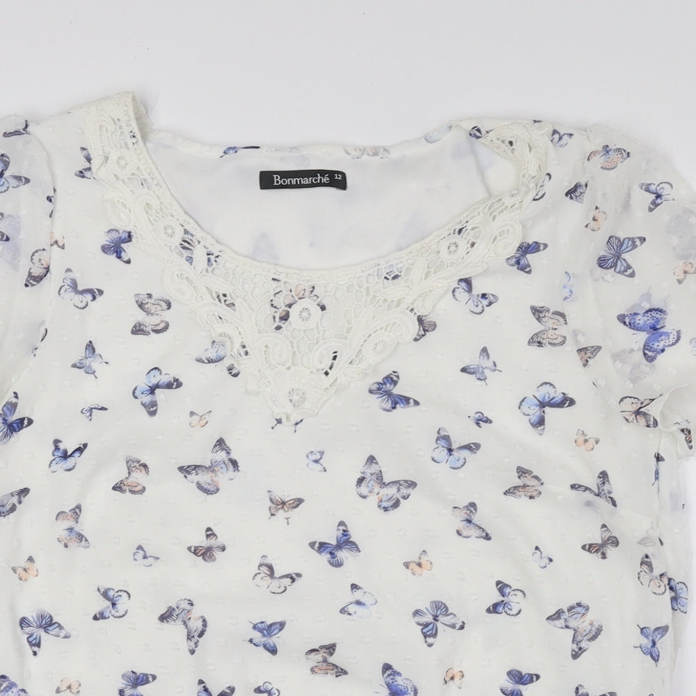 Bonmarché Womens White Geometric Polyester Basic Blouse Size 12 Round Neck - Butterfly