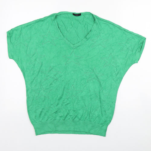 M&Co Womens Green V-Neck Geometric Viscose Pullover Jumper Size 10 - Star pattern