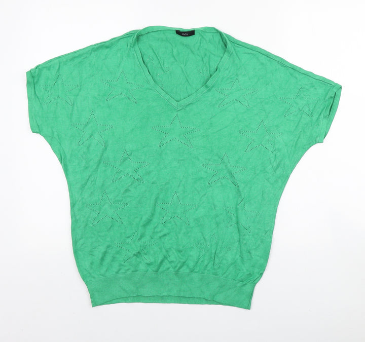 M&Co Womens Green V-Neck Geometric Viscose Pullover Jumper Size 10 - Star pattern