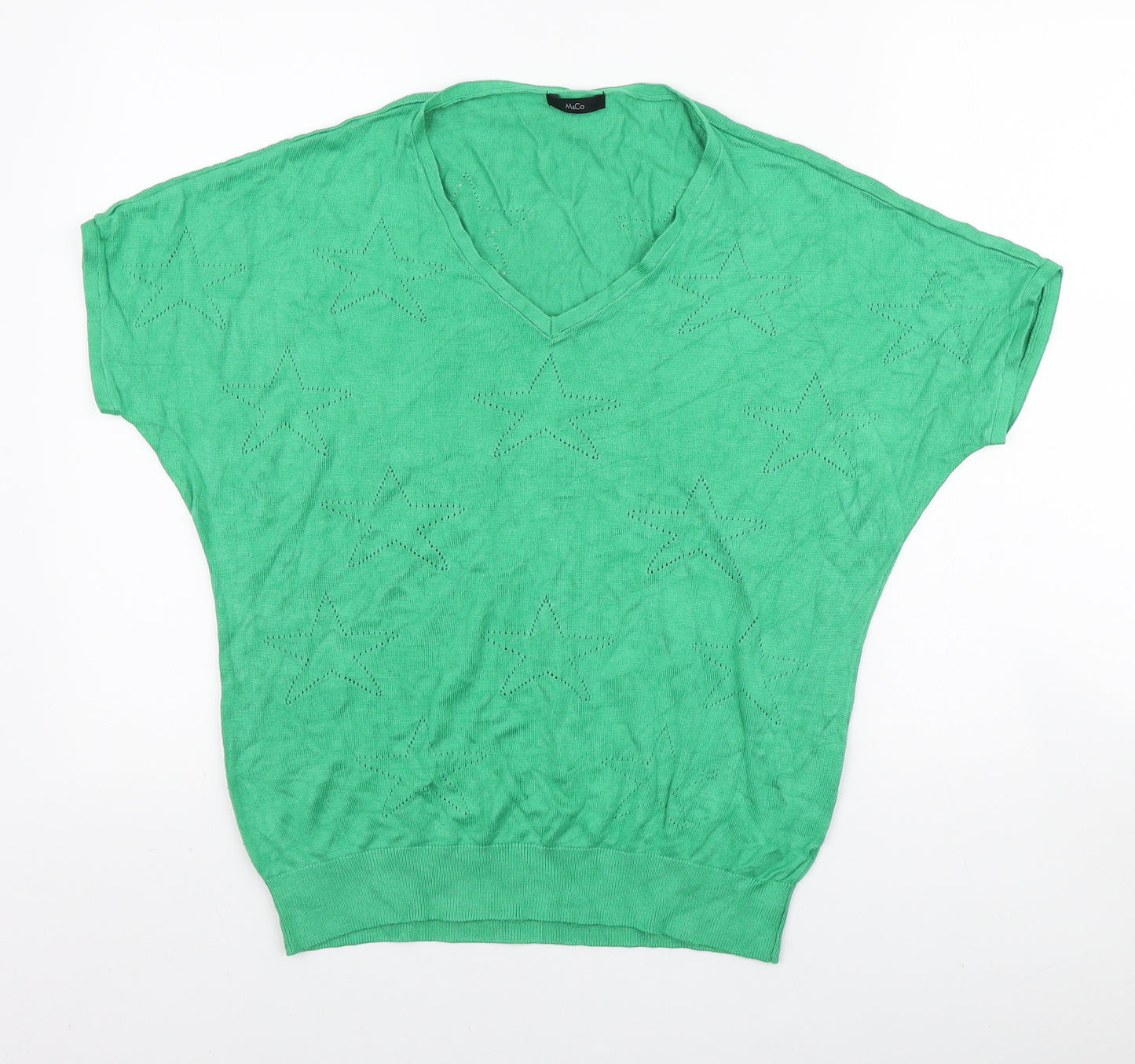 M&Co Womens Green V-Neck Geometric Viscose Pullover Jumper Size 10 - Star pattern