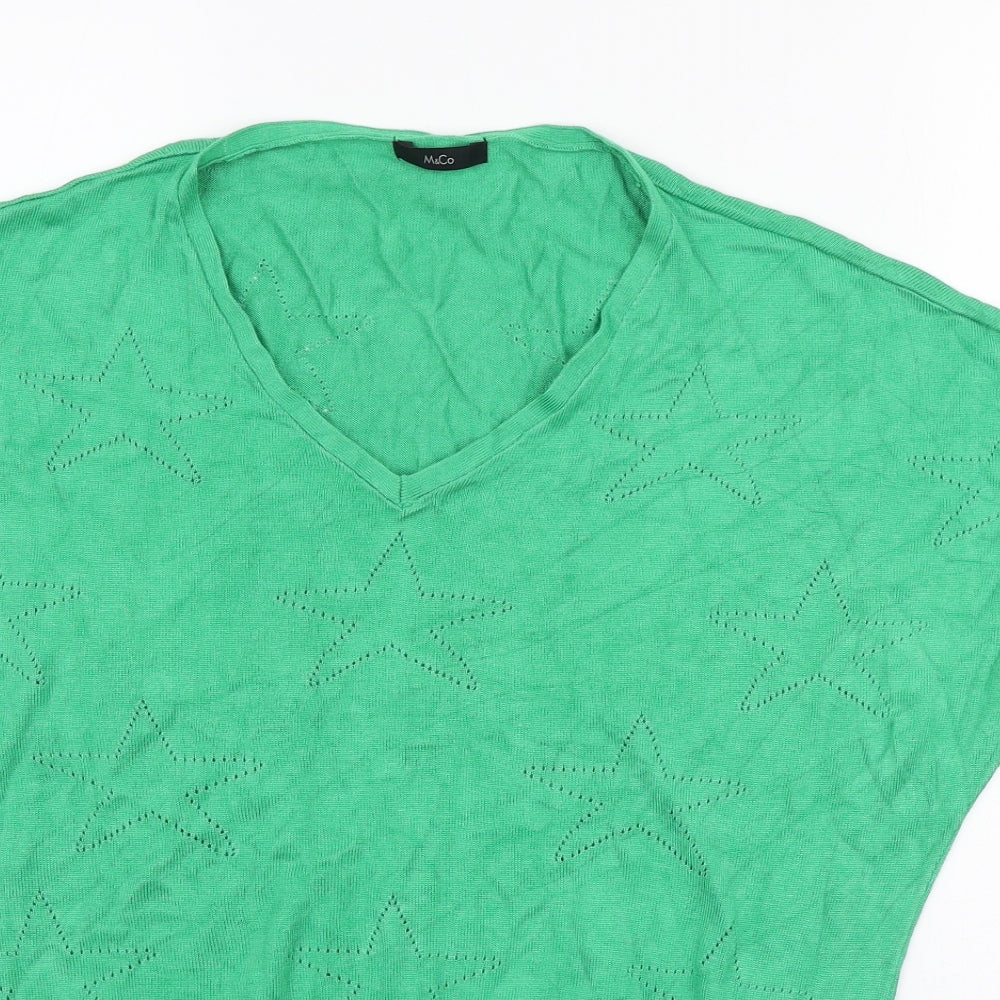 M&Co Womens Green V-Neck Geometric Viscose Pullover Jumper Size 10 - Star pattern