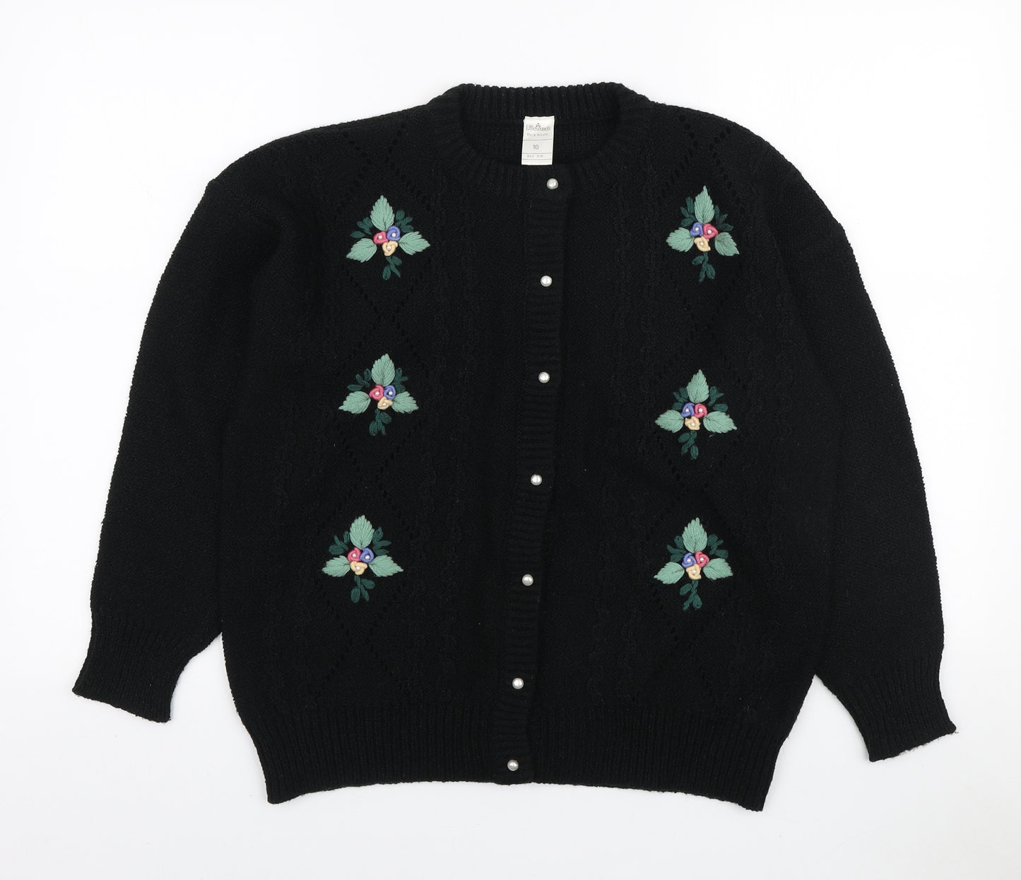 Littlewoods Womens Black Round Neck Acrylic Cardigan Jumper Size 16 - Embroidered Flowers