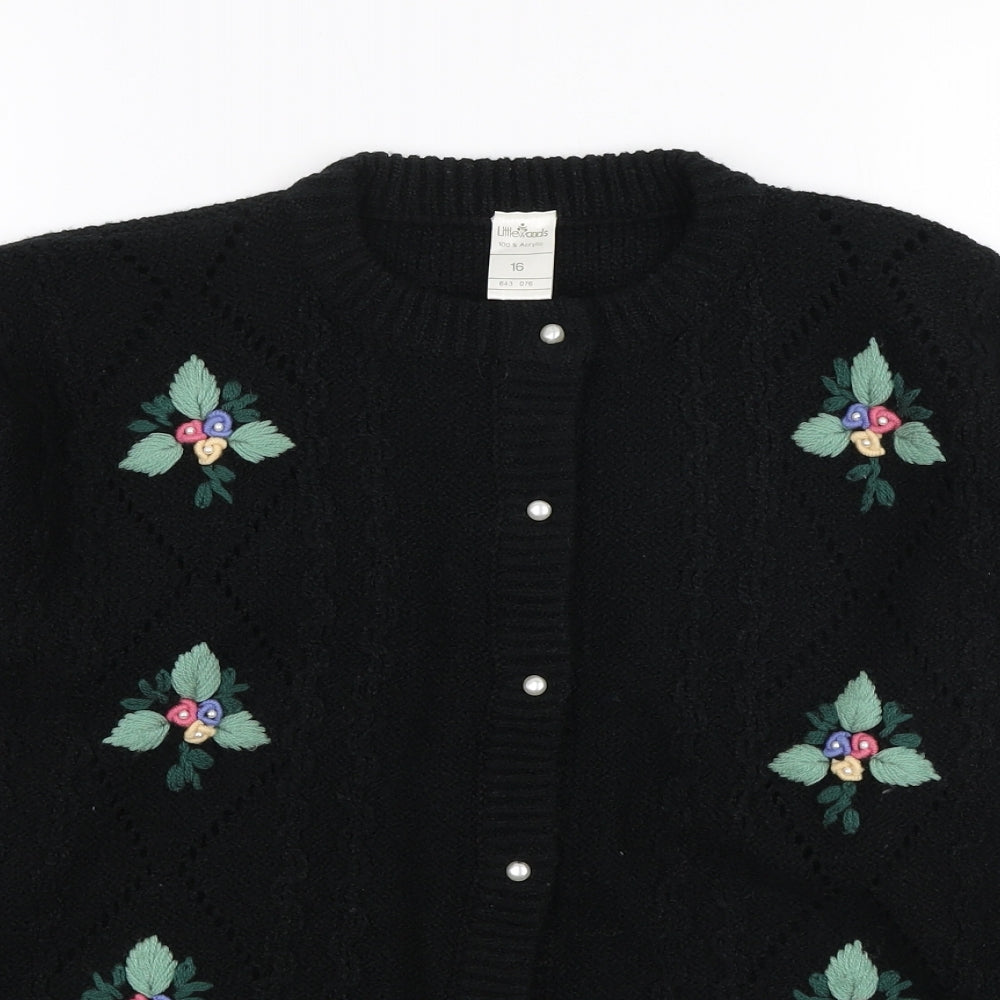Littlewoods Womens Black Round Neck Acrylic Cardigan Jumper Size 16 - Embroidered Flowers