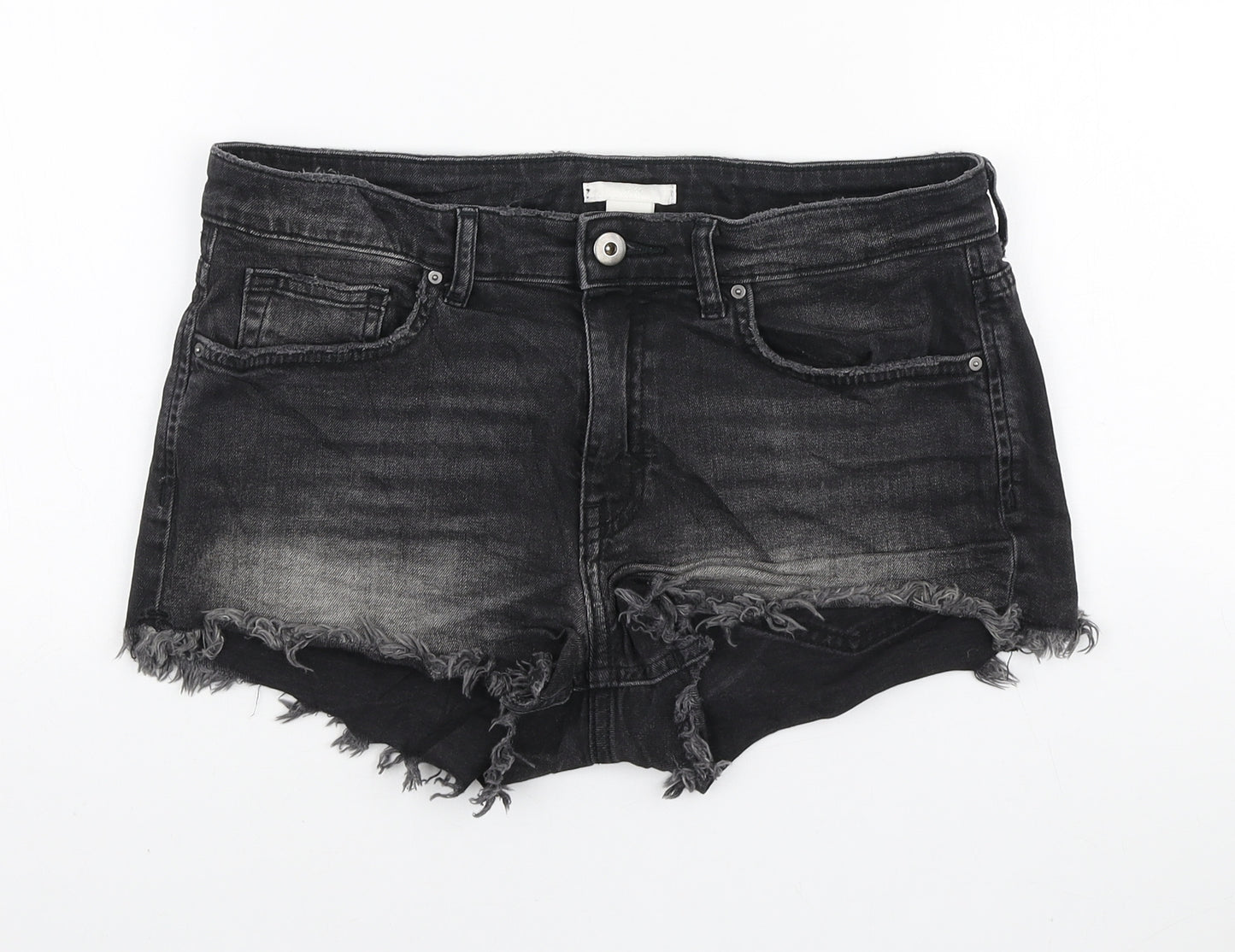 H&M Womens Black Cotton Hot Pants Shorts Size 8 L3 in Regular Zip - Distressed look