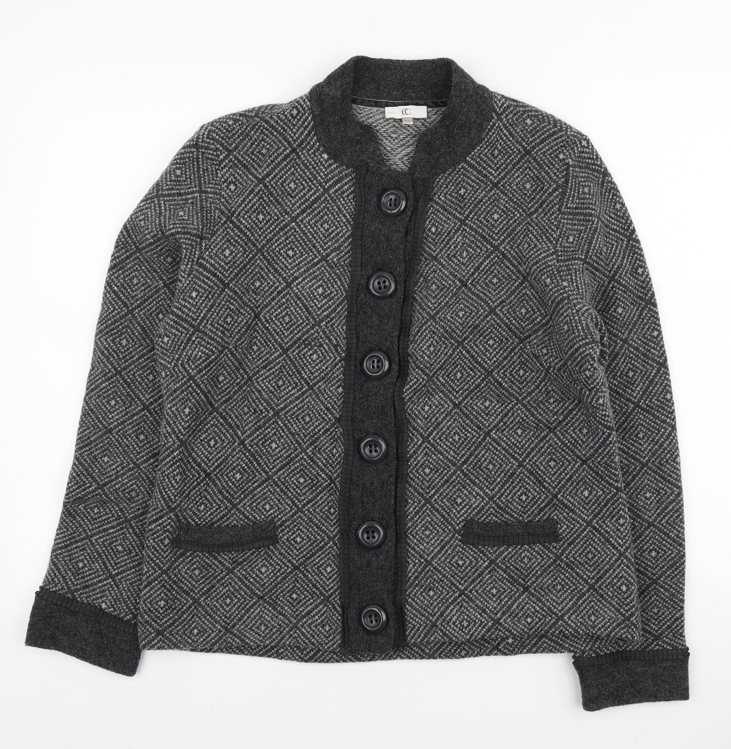 CC Womens Grey Round Neck Geometric Wool Cardigan Jumper Size 14