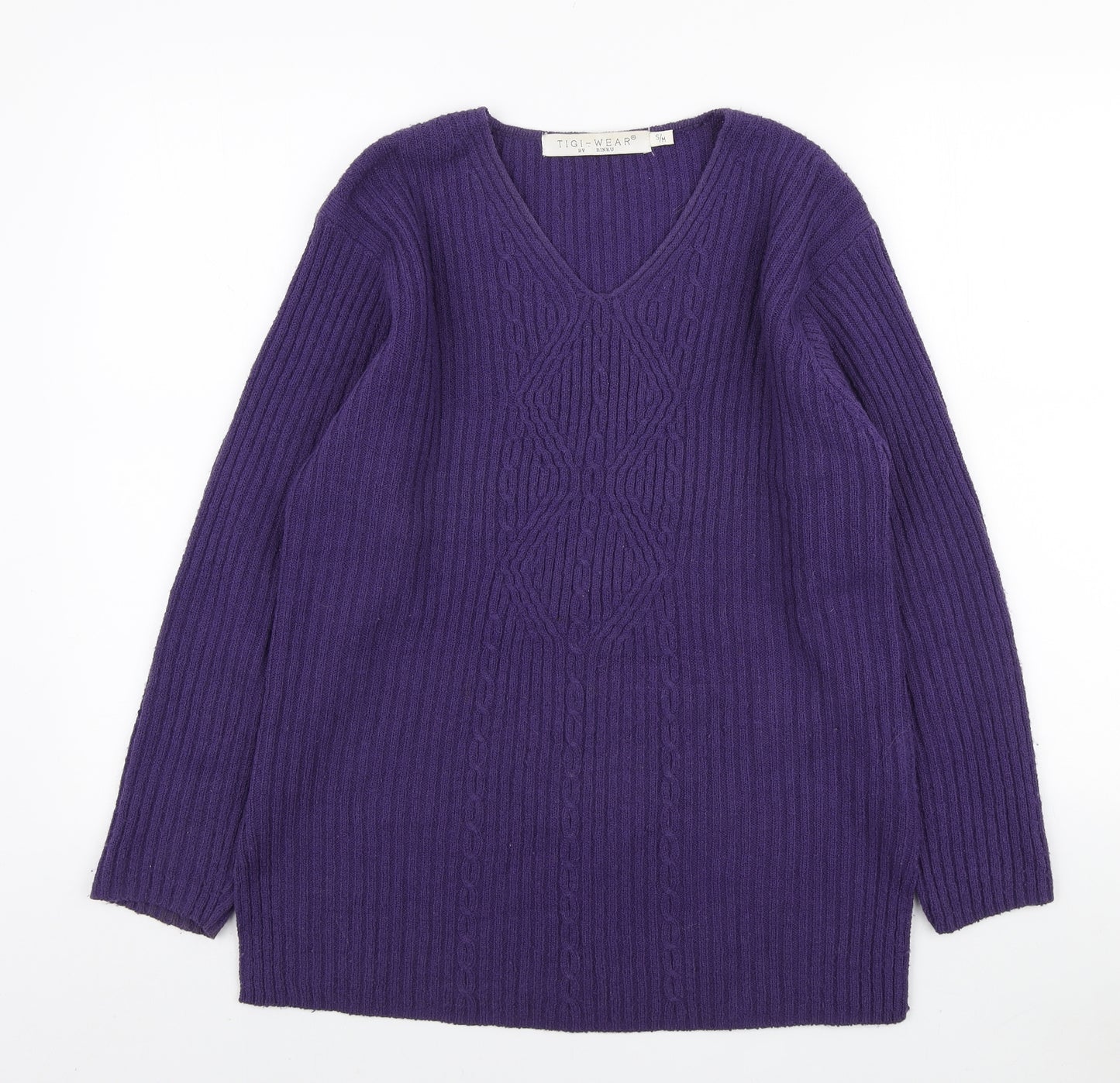 Tigi Womens Purple V-Neck Acrylic Pullover Jumper Size S - Size S/M