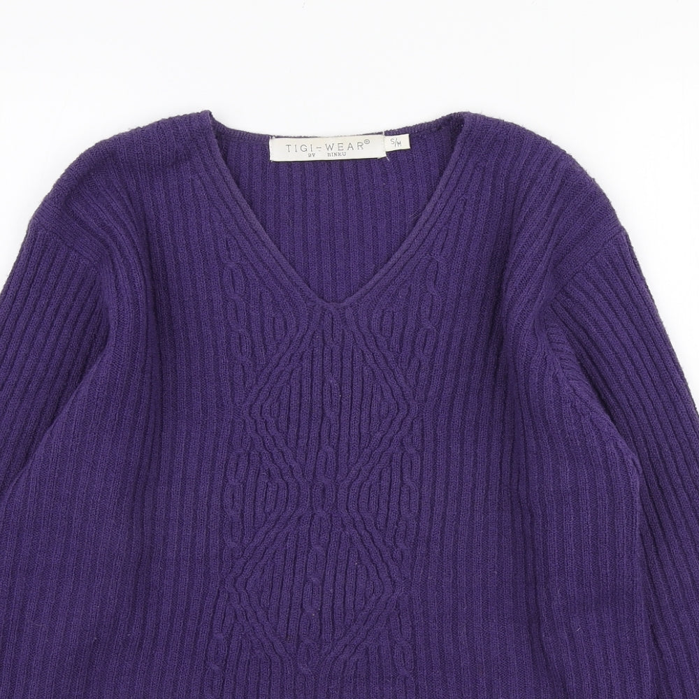 Tigi Womens Purple V-Neck Acrylic Pullover Jumper Size S - Size S/M