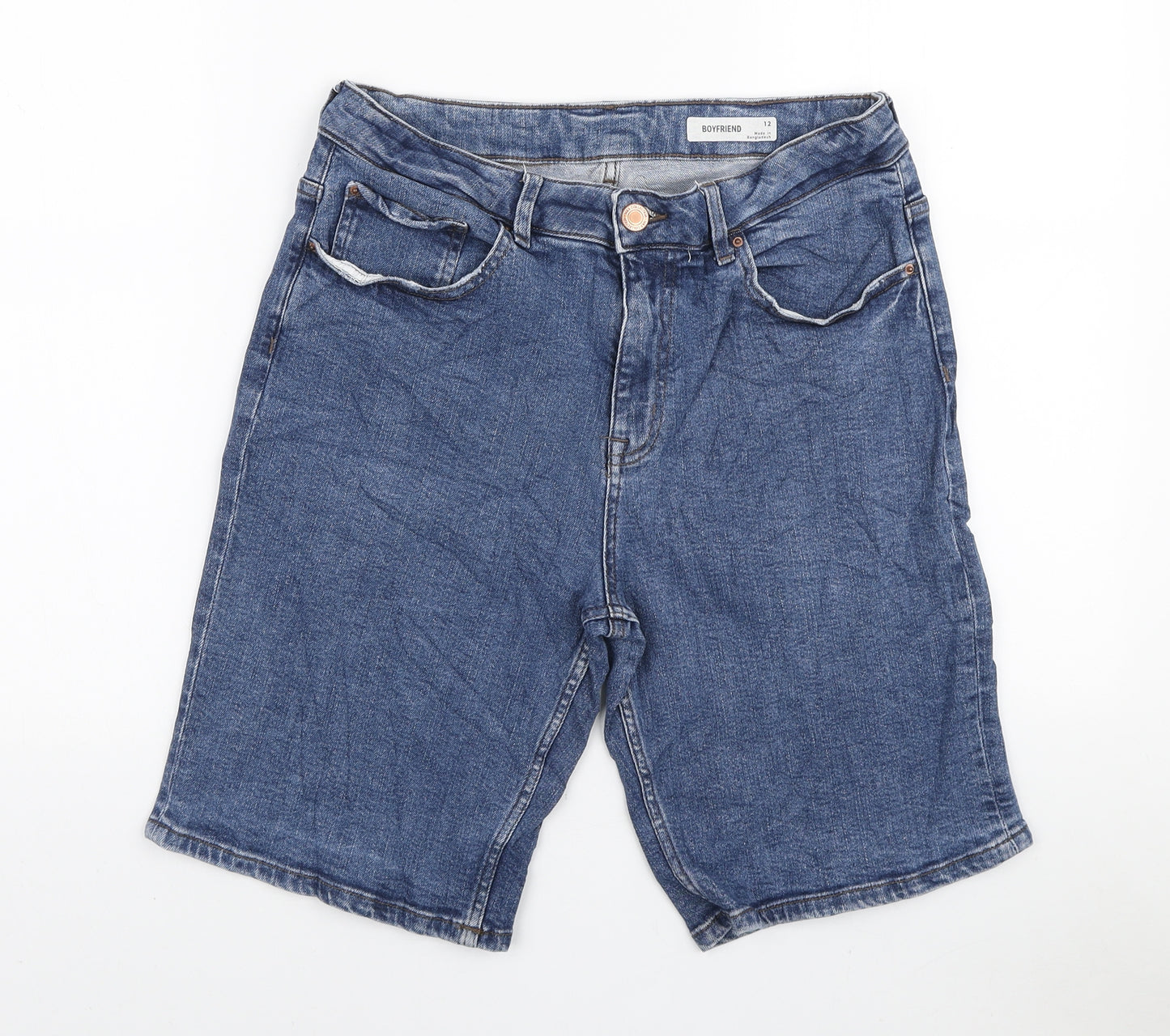 Marks and Spencer Womens Blue Cotton Boyfriend Shorts Size 12 L9 in Regular Zip