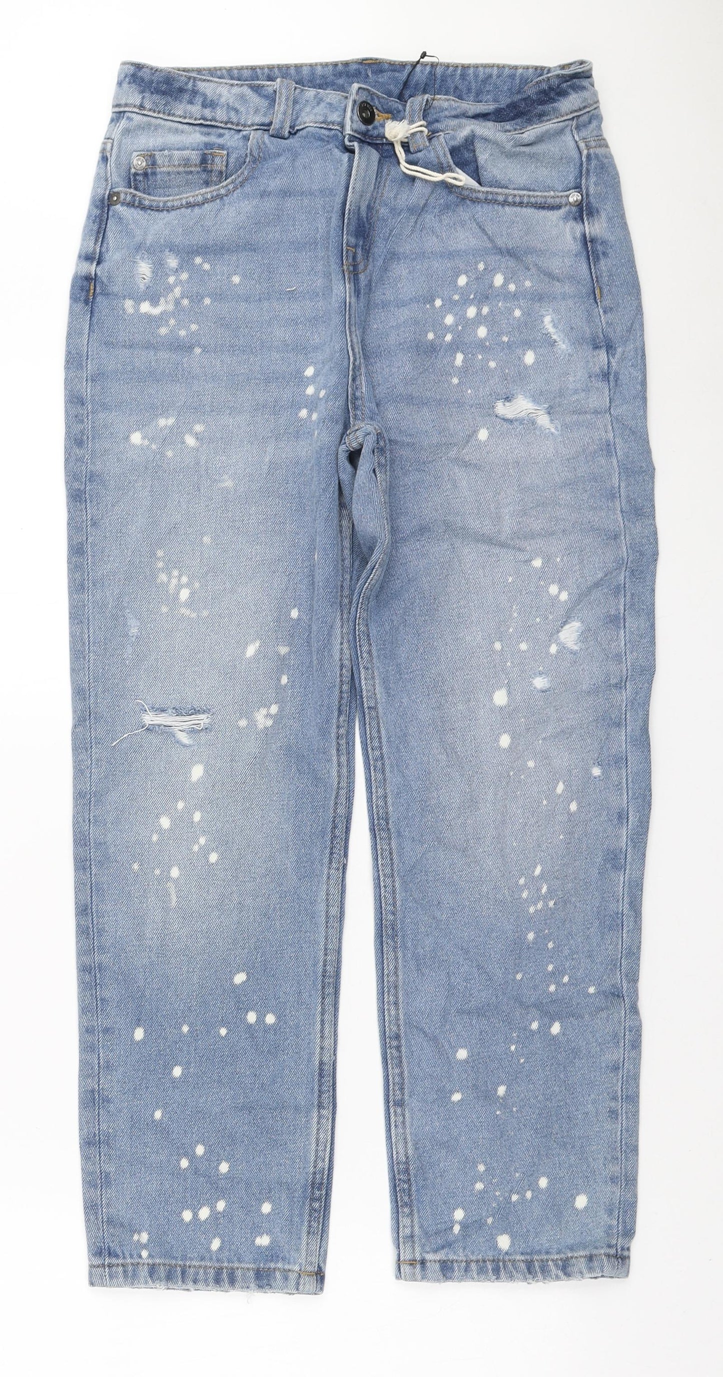 Marks and Spencer Girls Blue Cotton Boyfriend Jeans Size 11-12 Years Regular Zip - Bleach speckles