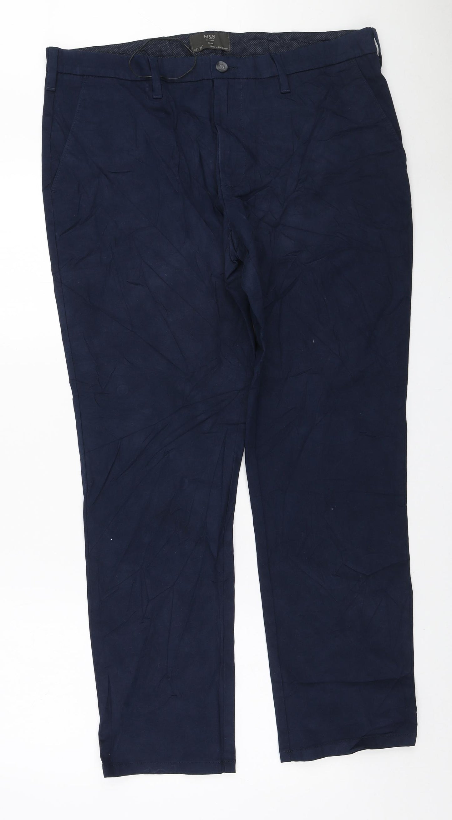 Marks and Spencer Mens Blue Cotton Chino Trousers Size 36 in L29 in Regular Zip