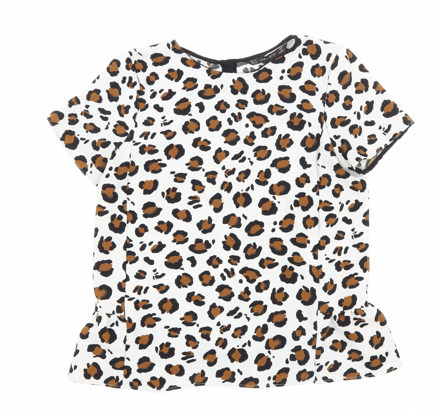 Zara Womens White Animal Print Polyester Basic T-Shirt Size M Round Neck