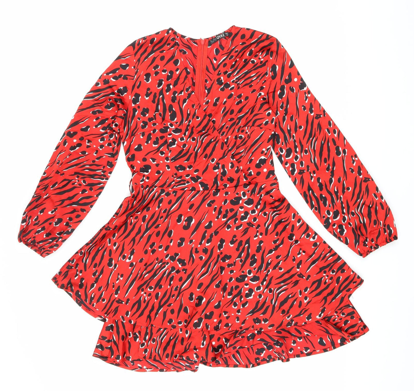 Quiz Womens Red Geometric Polyester Fit & Flare Size 10 V-Neck Zip