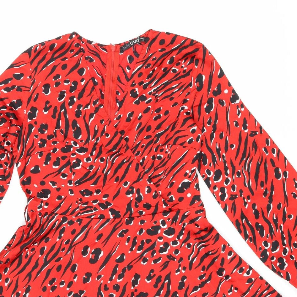 Quiz Womens Red Geometric Polyester Fit & Flare Size 10 V-Neck Zip