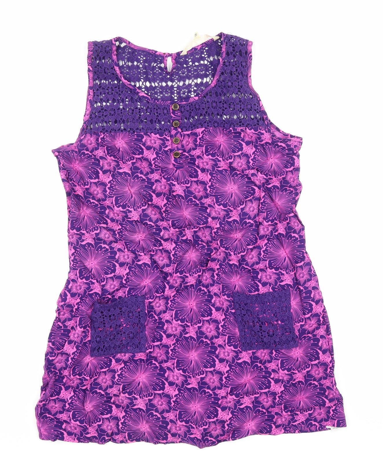 MANTARAY PRODUCTS Womens Purple Floral Viscose A-Line Size 14 Scoop Neck Button - Lace detail