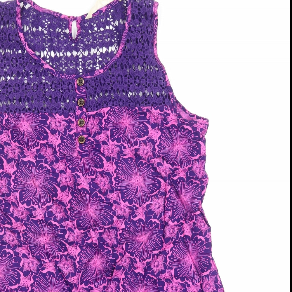 MANTARAY PRODUCTS Womens Purple Floral Viscose A-Line Size 14 Scoop Neck Button - Lace detail