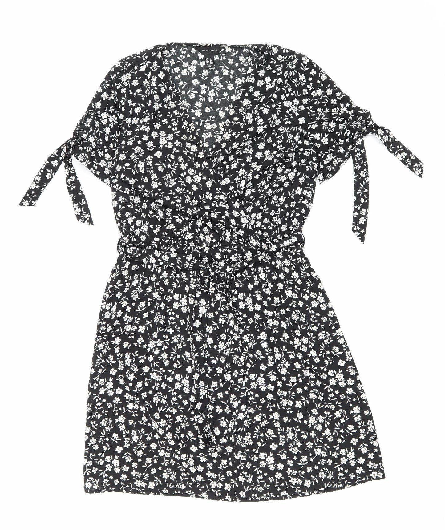 New Look Womens Black Floral Polyester Skater Dress Size 10 V-Neck Pullover