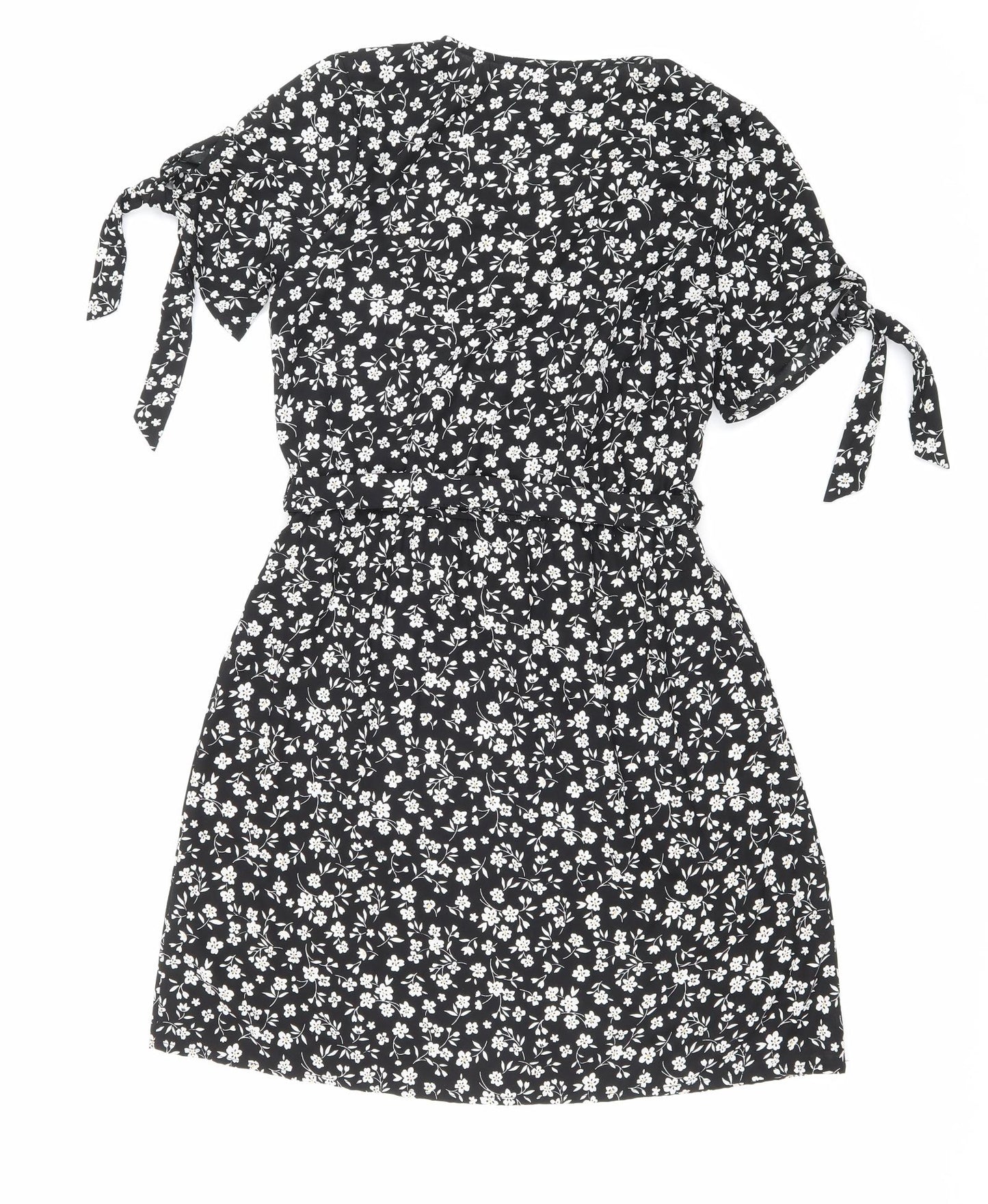 New Look Womens Black Floral Polyester Skater Dress Size 10 V-Neck Pullover