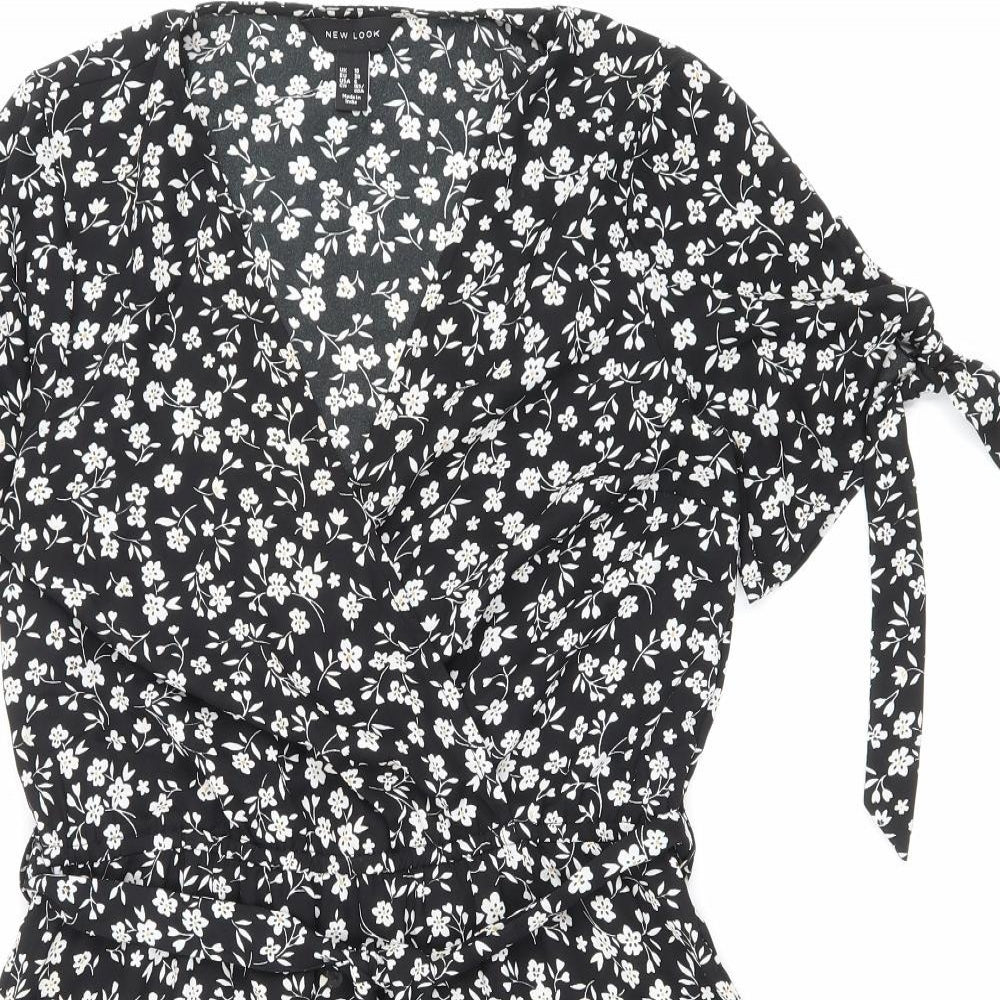 New Look Womens Black Floral Polyester Skater Dress Size 10 V-Neck Pullover