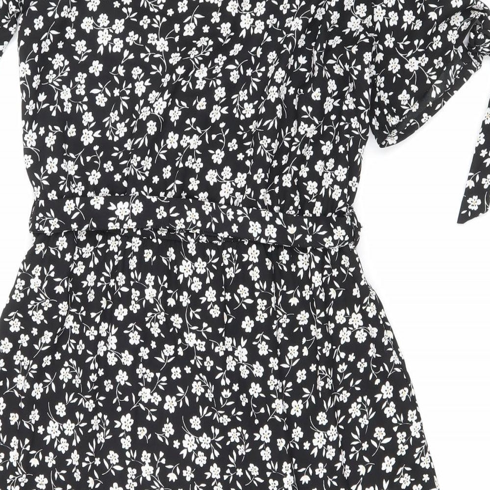 New Look Womens Black Floral Polyester Skater Dress Size 10 V-Neck Pullover