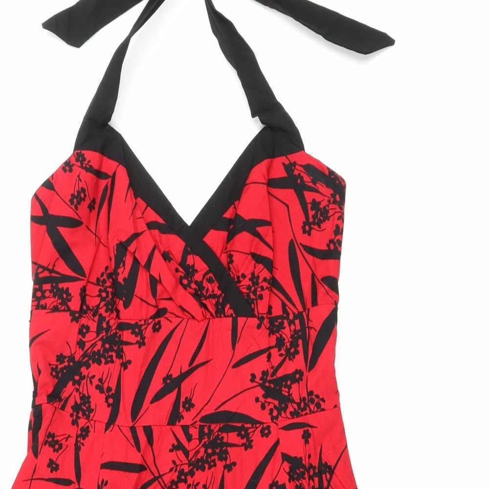RJR.John Rocha Womens Red Floral Cotton Skater Dress Size 12 Halter Zip