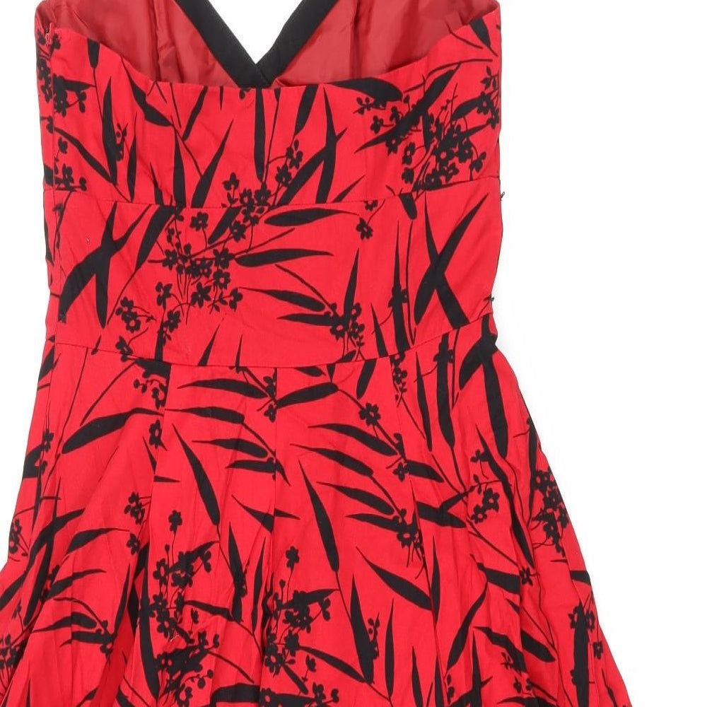 RJR.John Rocha Womens Red Floral Cotton Skater Dress Size 12 Halter Zip
