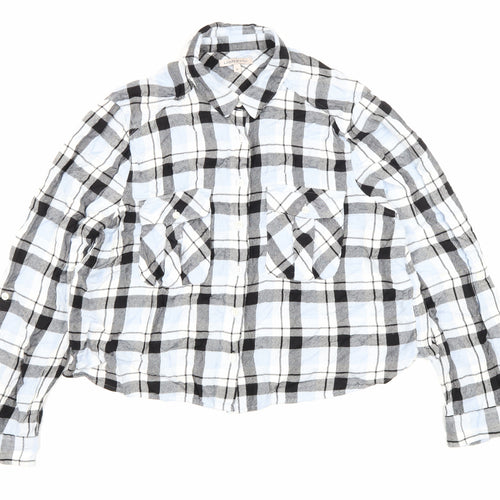 Marks and Spencer Womens Blue Plaid Cotton Cropped Button-Up Size 14 Collared