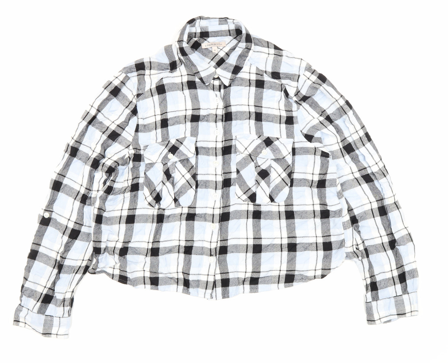 Marks and Spencer Womens Blue Plaid Cotton Cropped Button-Up Size 14 Collared