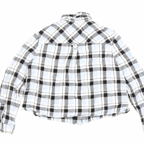 Marks and Spencer Womens Blue Plaid Cotton Cropped Button-Up Size 14 Collared