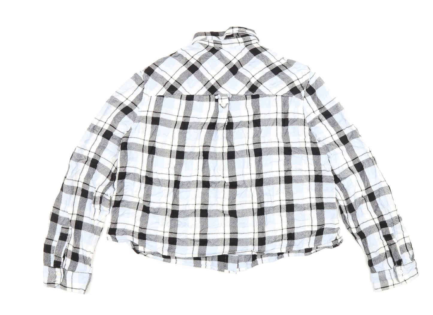 Marks and Spencer Womens Blue Plaid Cotton Cropped Button-Up Size 14 Collared