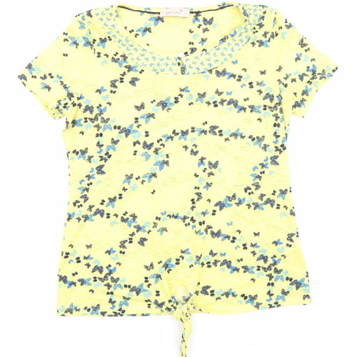 Marks and Spencer Womens Yellow Geometric Polyester Basic T-Shirt Size 8 Round Neck - Tie detail