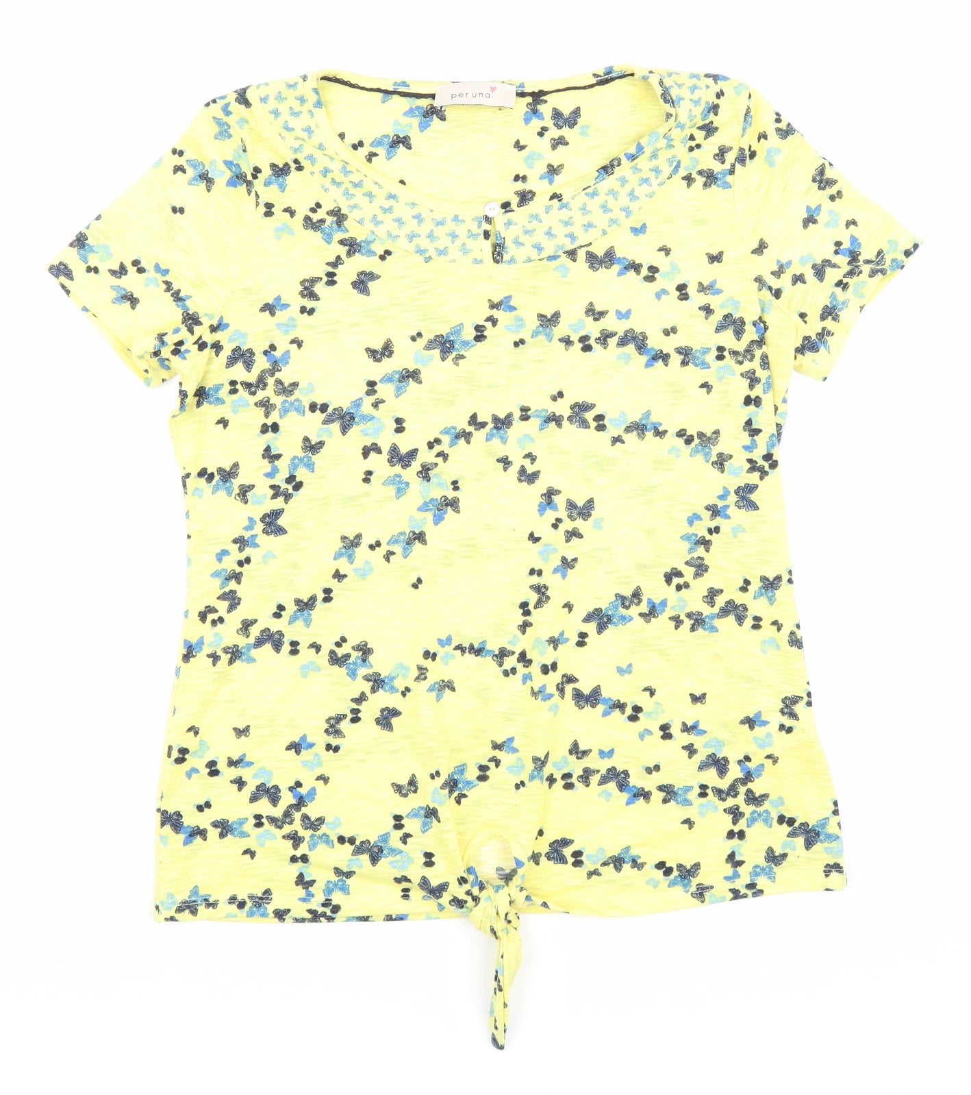 Marks and Spencer Womens Yellow Geometric Polyester Basic T-Shirt Size 8 Round Neck - Tie detail