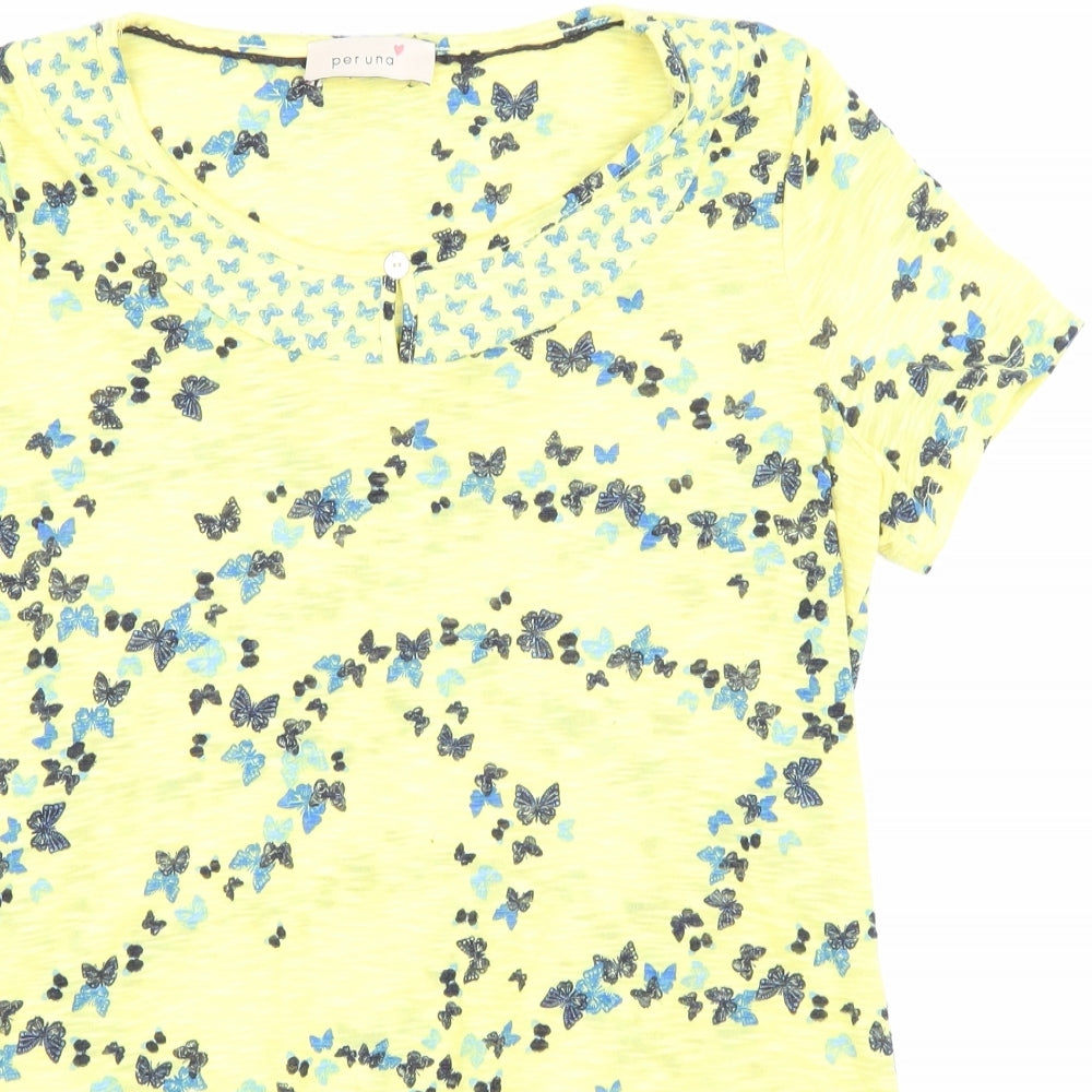 Marks and Spencer Womens Yellow Geometric Polyester Basic T-Shirt Size 8 Round Neck - Tie detail