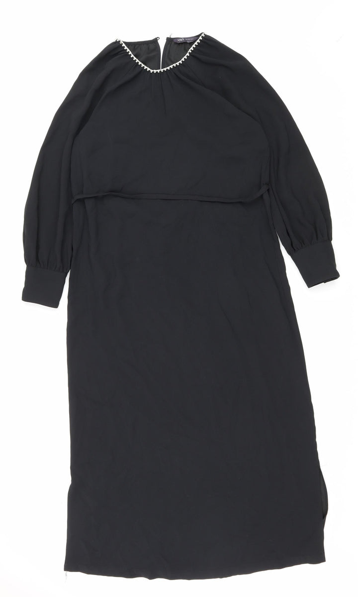 Marks and Spencer Womens Black Polyester Shift Size 8 Round Neck Button