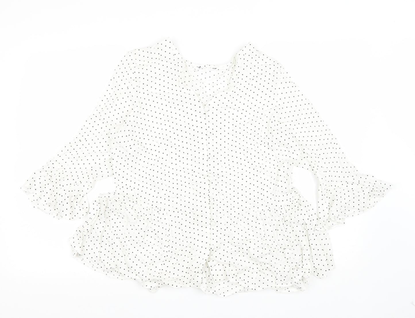 Preworn Womens White Polka Dot Viscose Basic Blouse Size 12 V-Neck