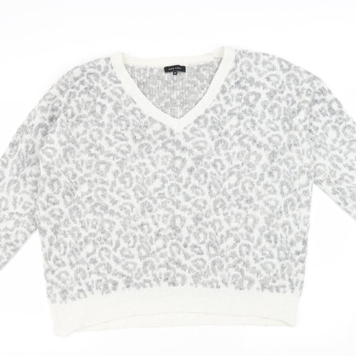 New Look Womens Grey V-Neck Animal Print Wool Pullover Jumper Size M - Leopard Print