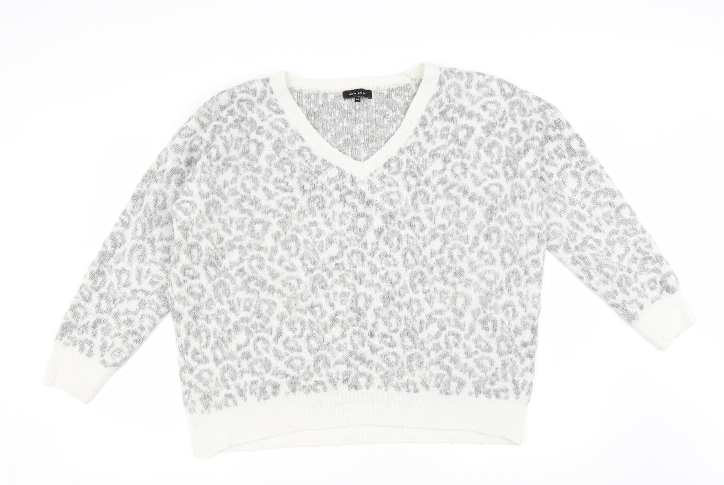 New Look Womens Grey V-Neck Animal Print Wool Pullover Jumper Size M - Leopard Print