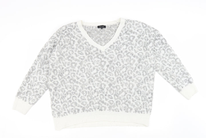 New Look Womens Grey V-Neck Animal Print Wool Pullover Jumper Size M - Leopard Print