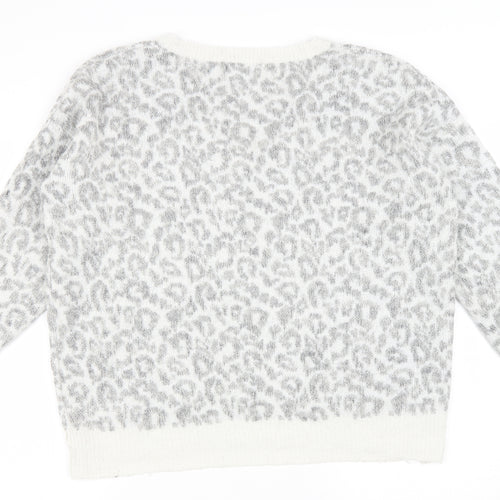 New Look Womens Grey V-Neck Animal Print Wool Pullover Jumper Size M - Leopard Print