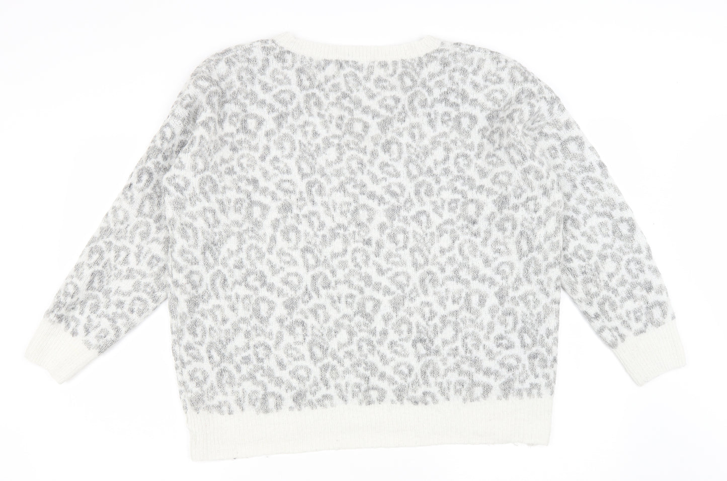 New Look Womens Grey V-Neck Animal Print Wool Pullover Jumper Size M - Leopard Print