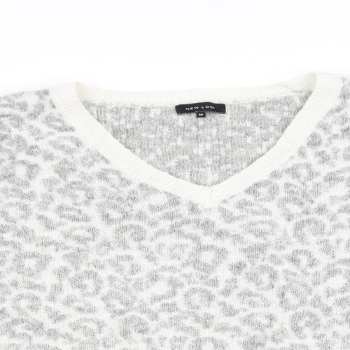 New Look Womens Grey V-Neck Animal Print Wool Pullover Jumper Size M - Leopard Print