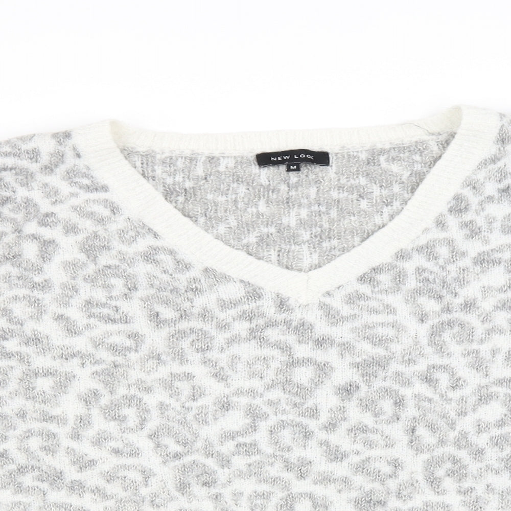 New Look Womens Grey V-Neck Animal Print Wool Pullover Jumper Size M - Leopard Print