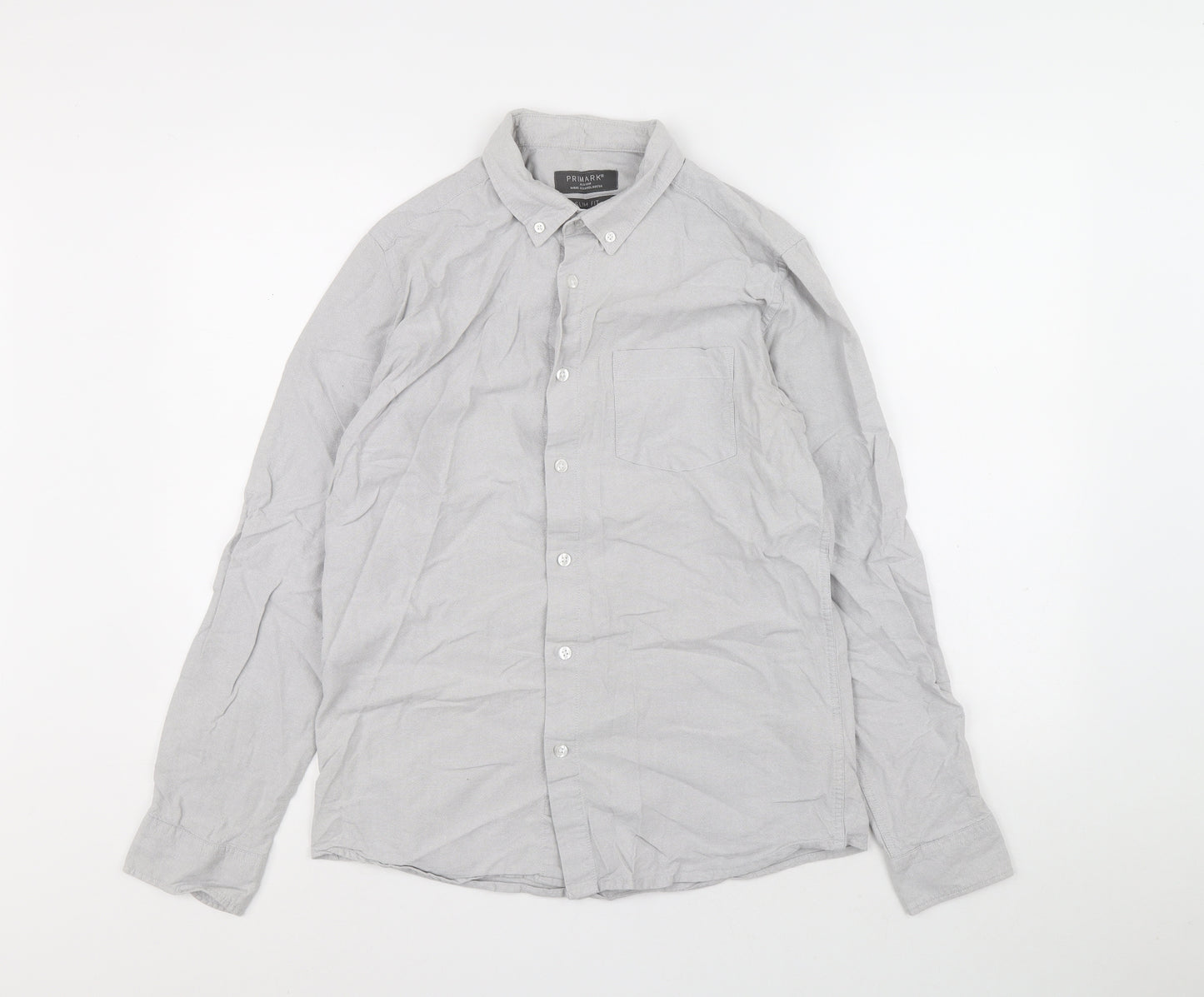 Primark Mens Grey Cotton Button-Up Size M Collared Button