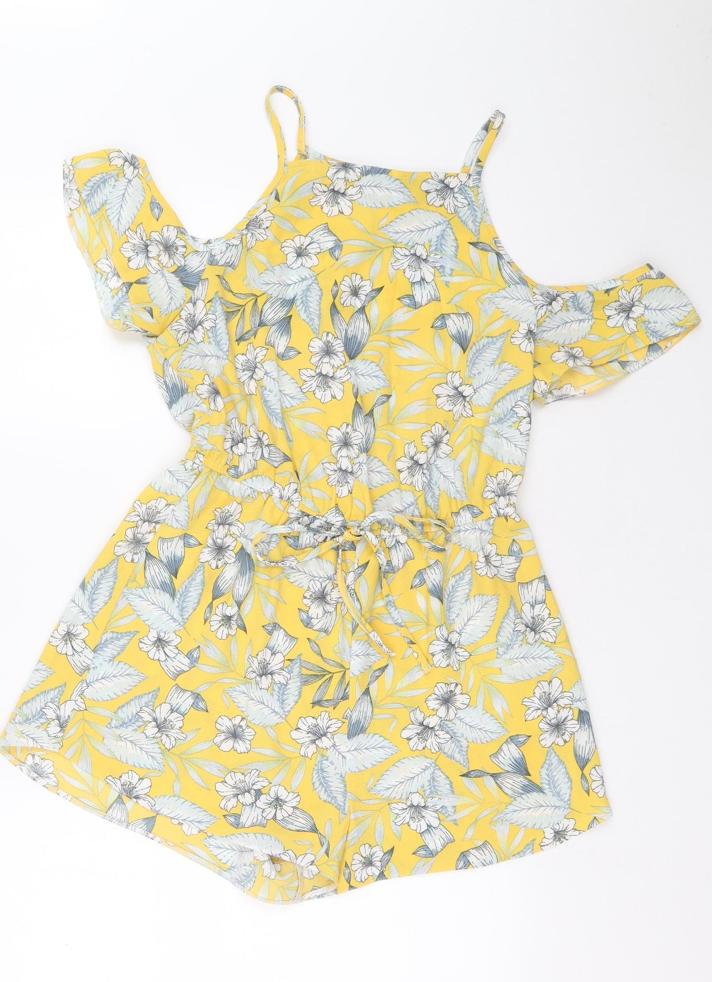 New Look Womens Yellow Floral Polyester Playsuit One-Piece Size 10 Drawstring - Cold Shoulder
