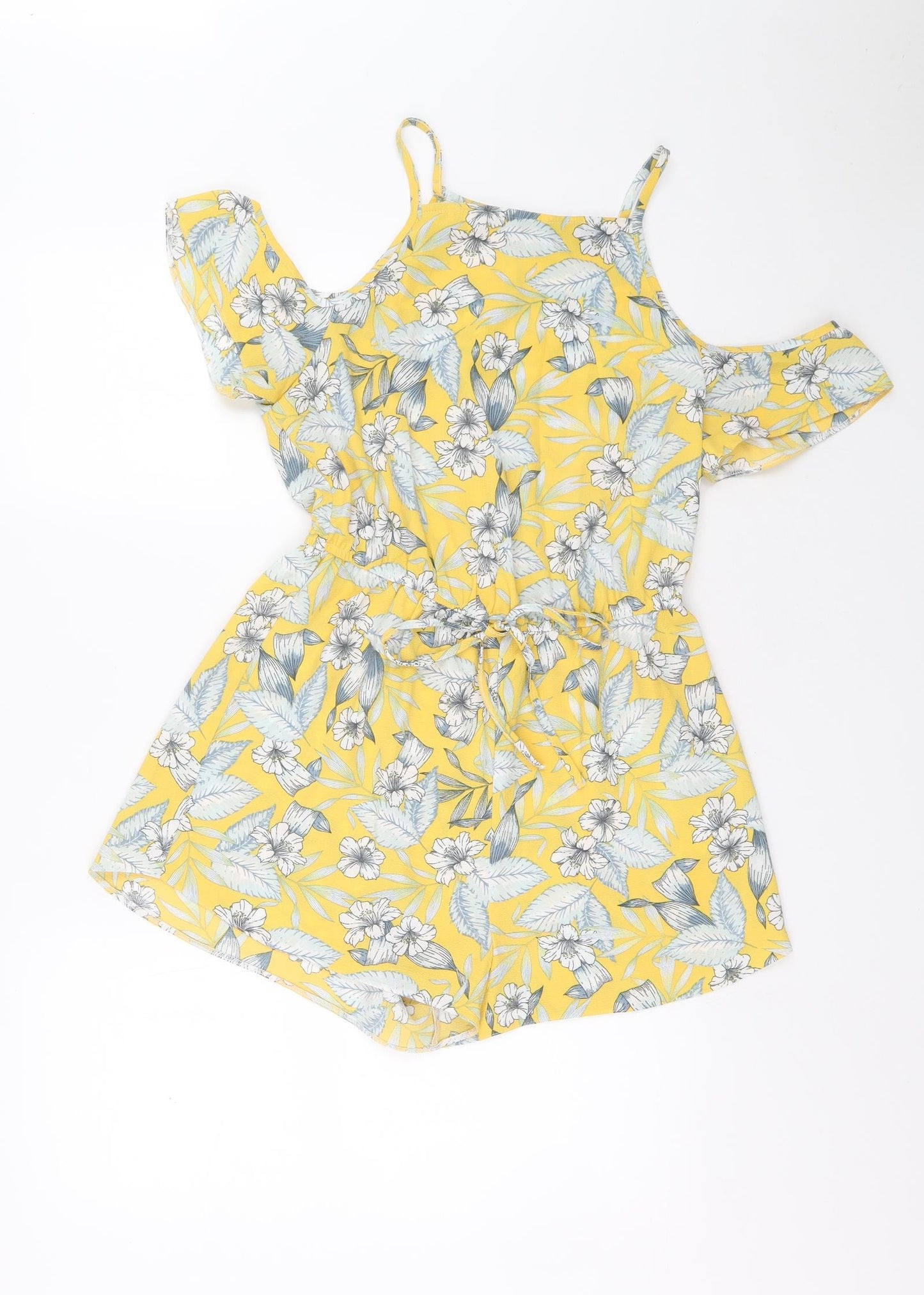 New Look Womens Yellow Floral Polyester Playsuit One-Piece Size 10 Drawstring - Cold Shoulder